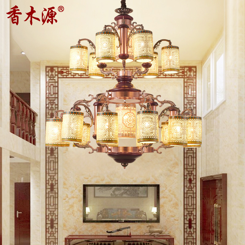 中式别墅吊灯复式楼大厅吊灯陶瓷灯中式实木客厅吊灯餐厅灯具2095