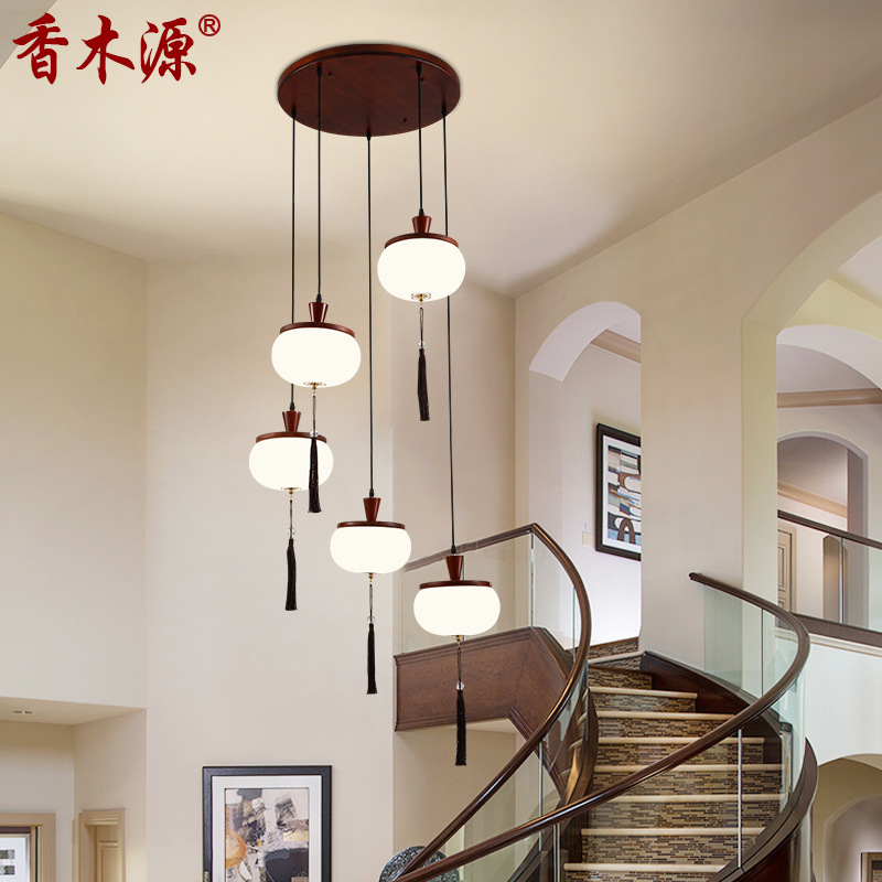 中式复式楼梯长吊灯简约大气创意个性别墅旋转吊灯餐厅实木灯7041