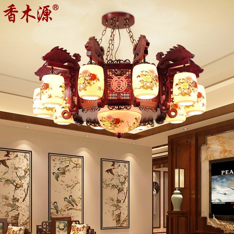 中式吊灯实木餐厅灯中国风陶瓷酒店复式别墅仿古中式客厅吊灯2096