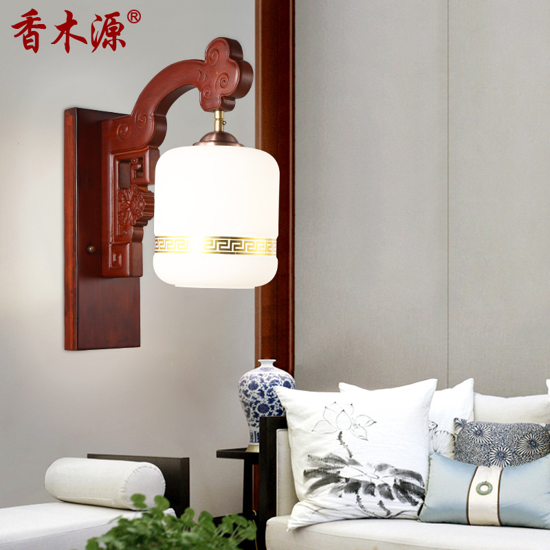 中式壁灯实木复古床头灯古典玻璃墙壁灯走廊玄关阳台过道壁灯3008