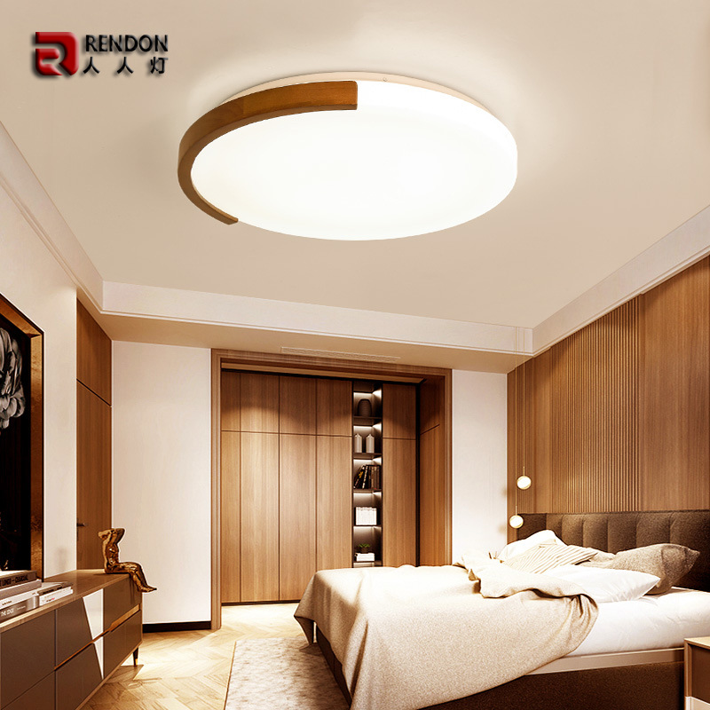 新中式胡桃木色led吸顶灯现代简约创意卧室几何圆形实木房间灯具