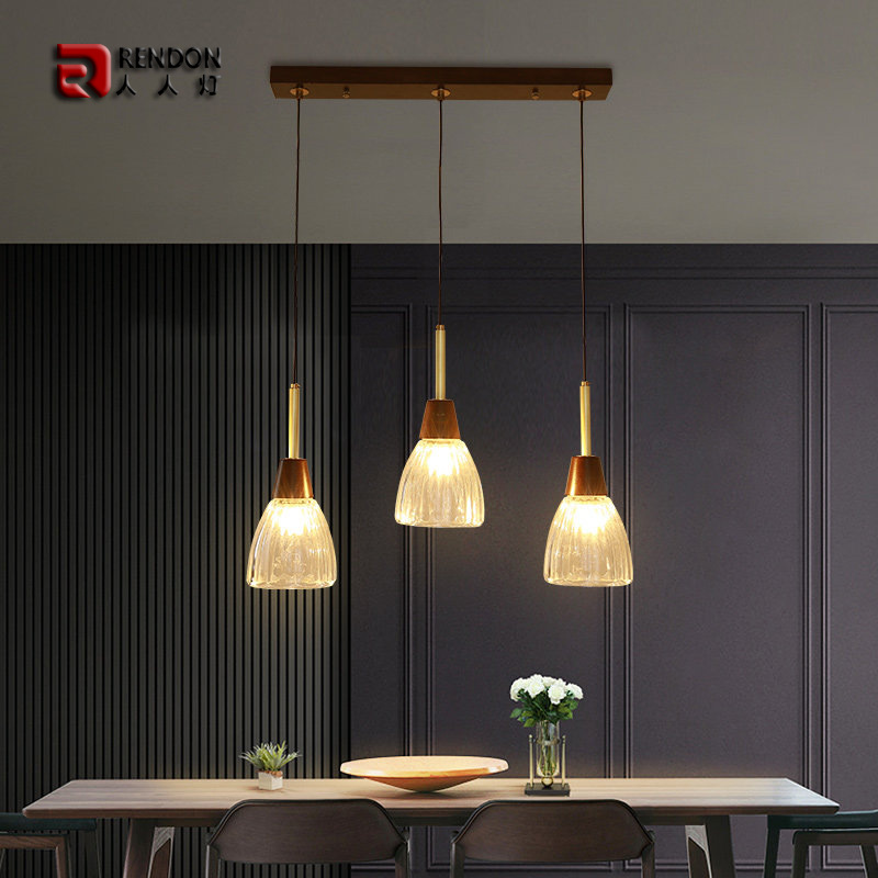 新中式三头餐厅玻璃吊灯实木极简约中式餐桌饭厅床头单头LED灯具