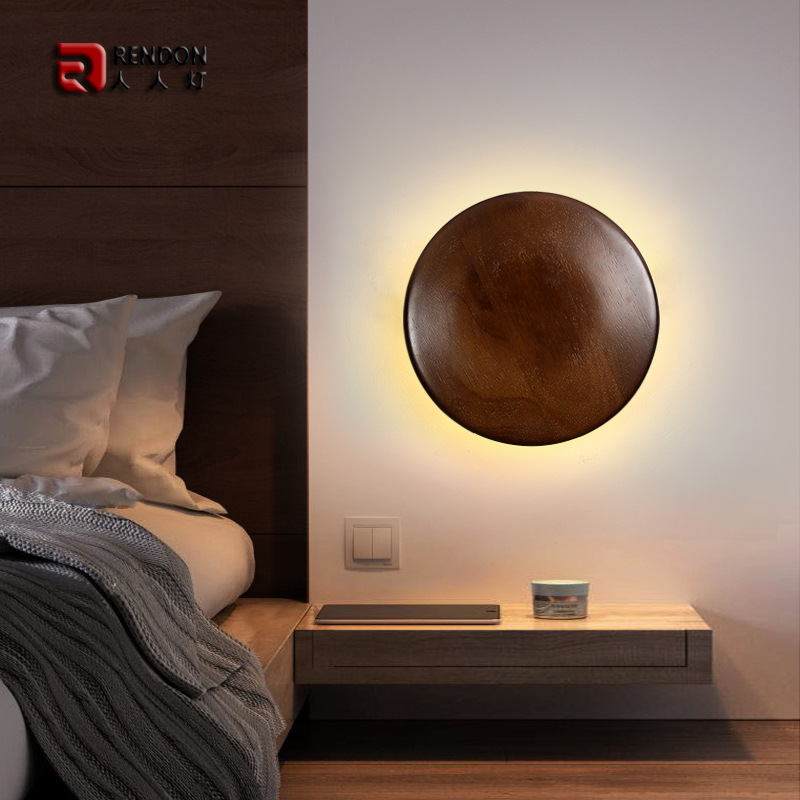 新中式胡桃木色实木壁灯led卧室过道背景墙壁灯具超薄房间床头灯