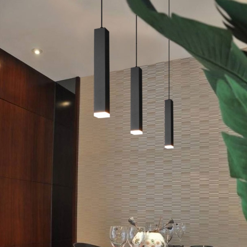 新款北欧LED餐厅吊灯 前台火锅店酒店吧台吸顶式明装方形长筒吊灯