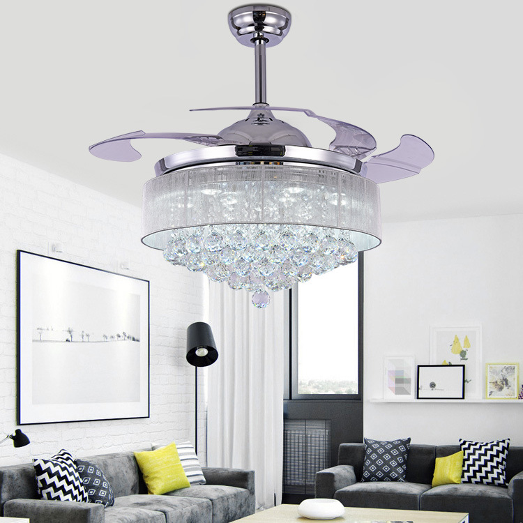 欧式水晶隐形吊扇灯餐厅客厅风扇灯家用现代带灯的遥控电风扇吊灯