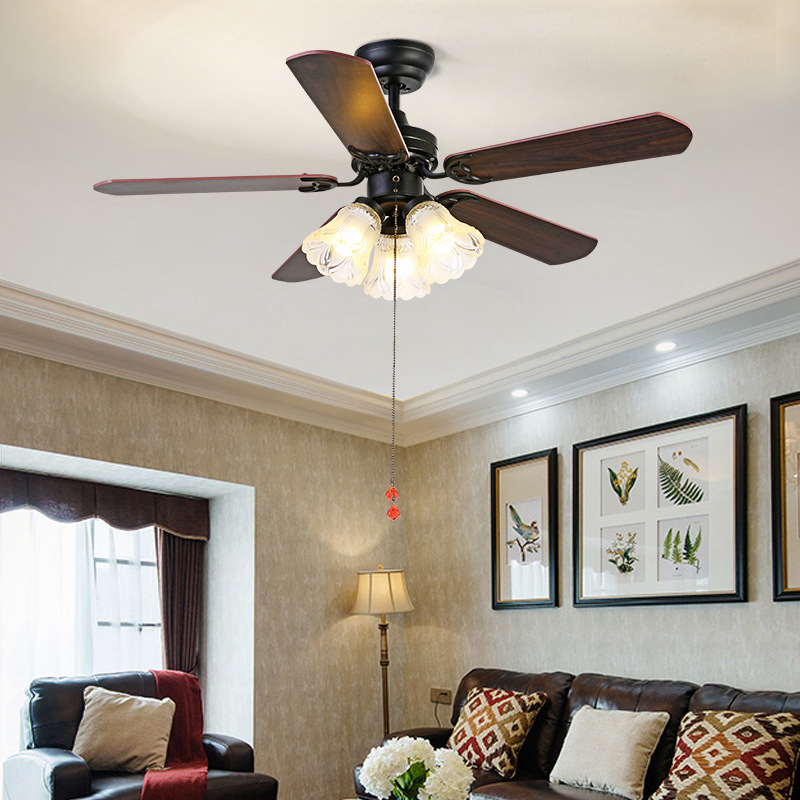 风扇灯 欧式复古52寸木叶风扇灯led  现代简约客厅卧室电风扇吊灯