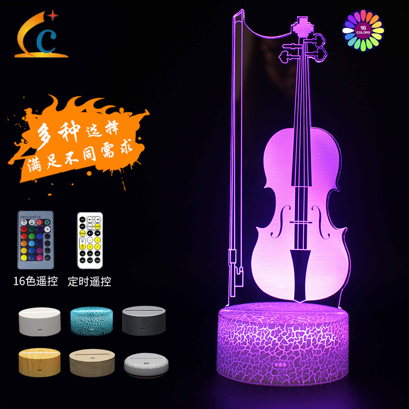 跨境专配吉他小提琴系列3D小夜灯 七彩触摸遥控台灯LED创意礼品灯