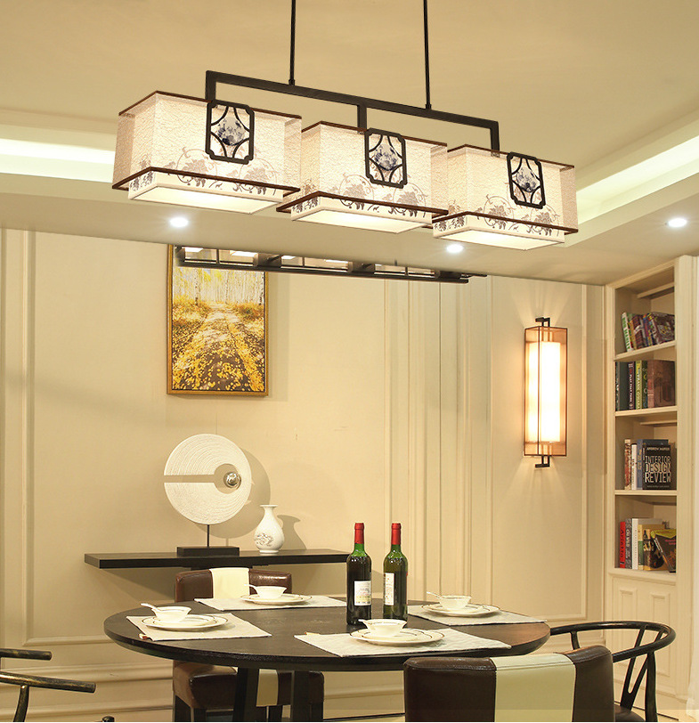新中式餐吊灯三头长方形客厅书房灯中国风创意青花瓷餐厅茶室灯具