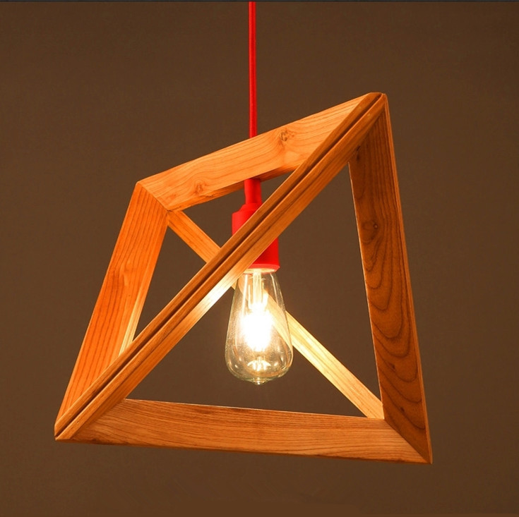 美式实木吊灯餐厅吊灯咖啡厅北欧复古三角几何造型木头框木艺灯具
