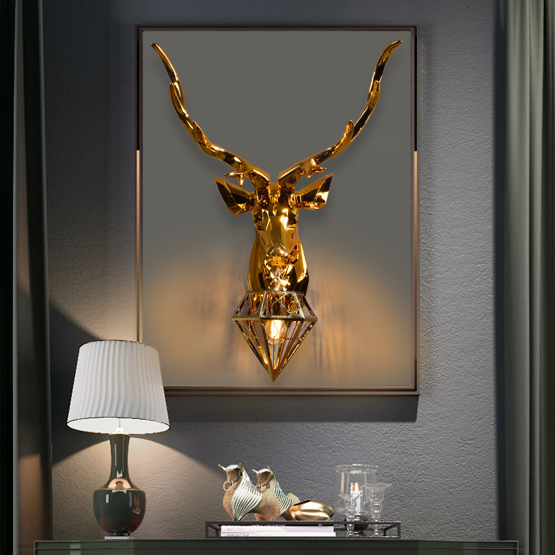 wanlang 美式招财鹿头壁灯客厅卧室电视背景墙个性创意时尚鹿角灯