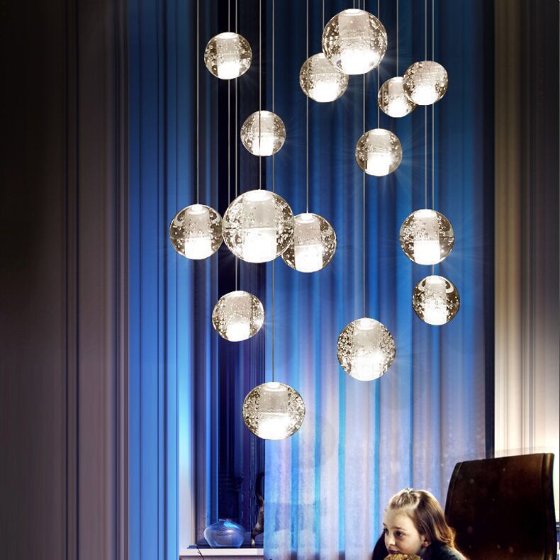 简约现代复式楼梯间水晶吊灯后现代客厅灯创意个性餐厅冰雹玻璃灯
