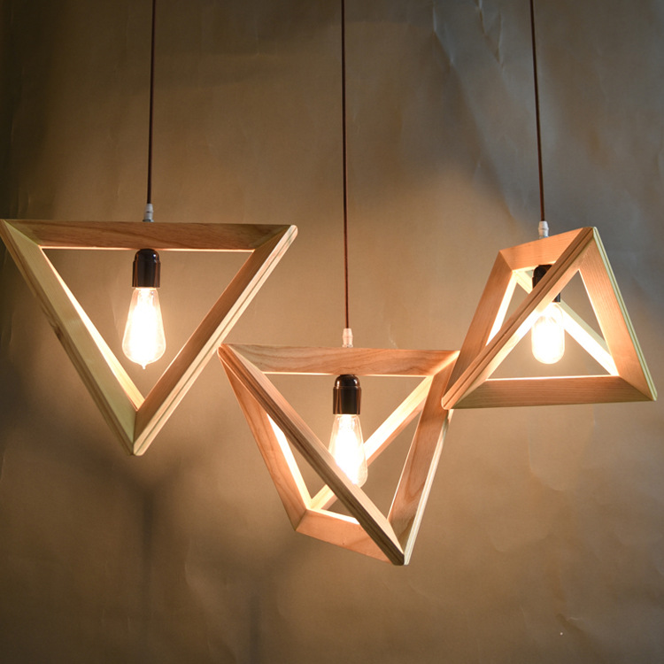 设计师日式复古美式卧室客厅欧式创意个性餐厅灯三角形木头框吊灯