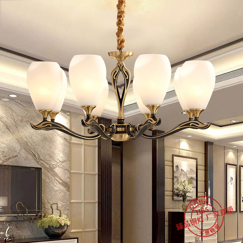 新中式全铜吊灯客厅灯现代简约云石餐厅卧室灯别墅复式楼大厅灯具