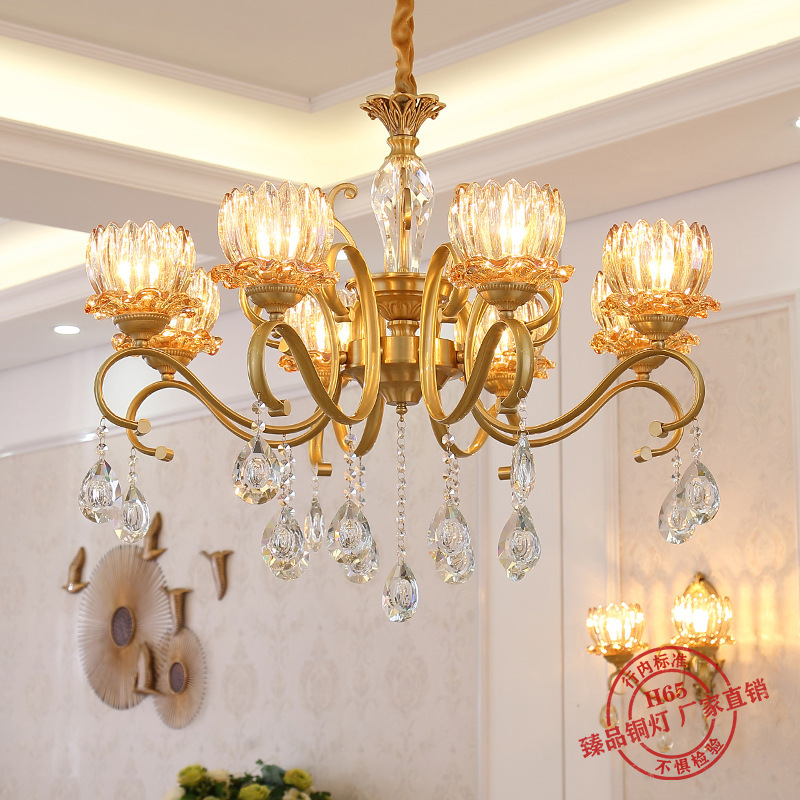 全铜吊灯客厅水晶灯具大气美式简约餐厅纯铜吊灯饰复古欧式吊灯