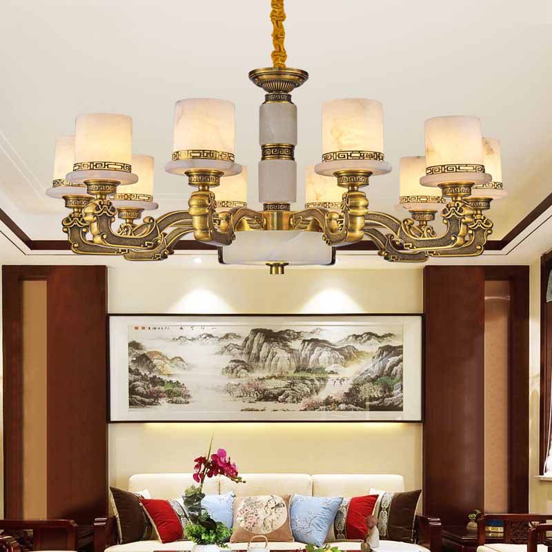 新中式客厅吊灯具大气西班牙天然云石灯仿古全铜灯卧室书房铜灯饰