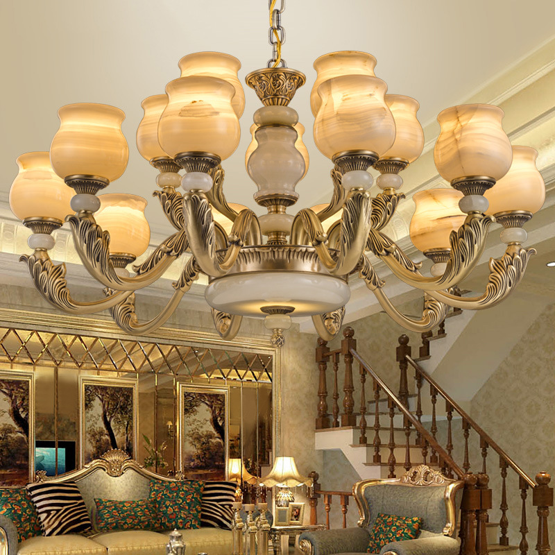 欧式天然玉石吊灯全铜灯复式楼别墅客厅家用大气纯铜灯卧室餐厅灯
