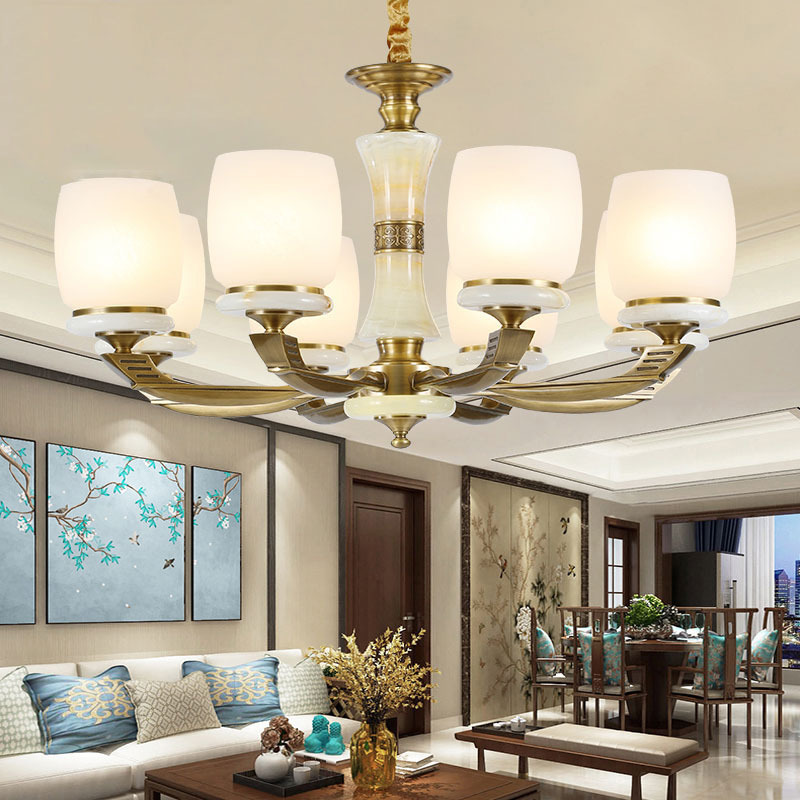 新中式全铜吊灯2020新款玉石客厅简约餐厅灯具复式别墅大厅吊灯