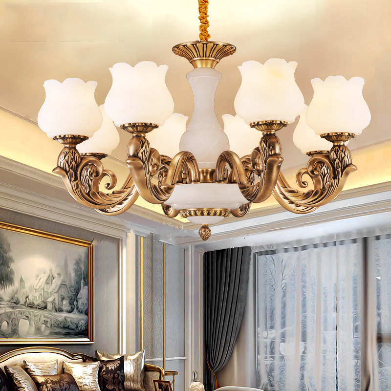 欧式全铜灯奢华大气欧式客厅吊灯美式卧室云石灯具餐厅吊灯全铜