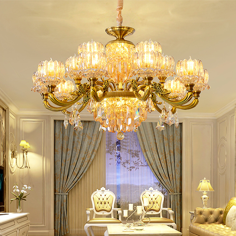新款欧式水晶吊灯全铜色奢华客厅灯具餐厅灯蜡烛灯卧室灯复古灯饰