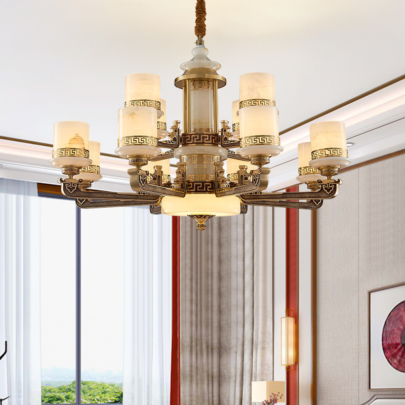 新中式玉石全铜现代轻奢客厅吊灯中国风古典简约大气卧室大厅灯