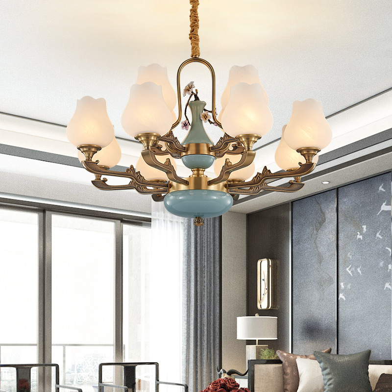 新中式全铜现代创意大厅客厅灯卧室书房餐厅古典温馨陶瓷全铜吊灯