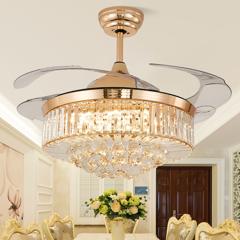 led水晶隐形风扇灯现代室内家用摇控客厅餐厅金色水晶球吊扇灯