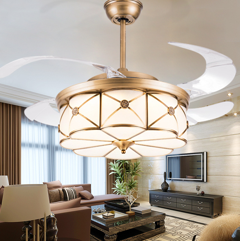 全铜欧式隐形吊扇灯餐厅客厅卧室风扇LED节能灯静音欧式电风扇灯