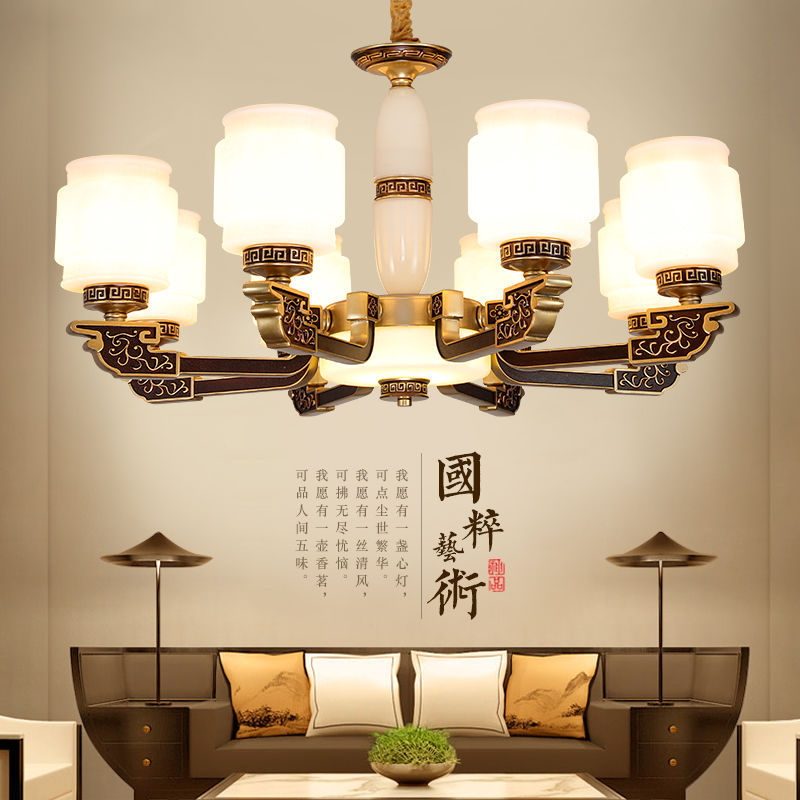 新中式客厅灯中国风复式楼别墅大厅家用玉石全铜灯新中式云石吊灯