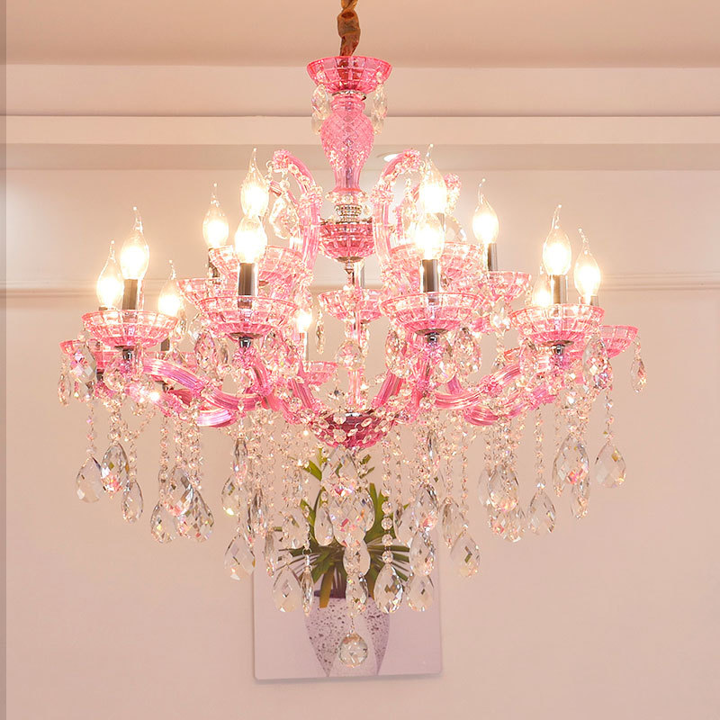 欧式客厅水晶灯温馨粉色女孩儿童卧室吊灯公主灯简约现代餐厅灯具