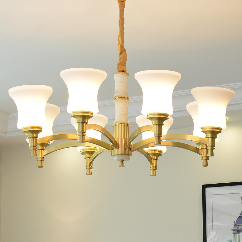 美式乡村创意吊灯铜质大气玻璃灯罩私宅家用客厅卧室全铜复古灯具