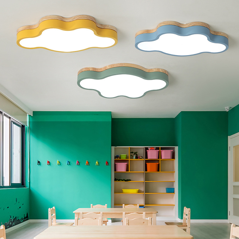 北欧灯具创意原木卧室灯简约儿童房女孩马卡龙LED吸顶灯云朵灯