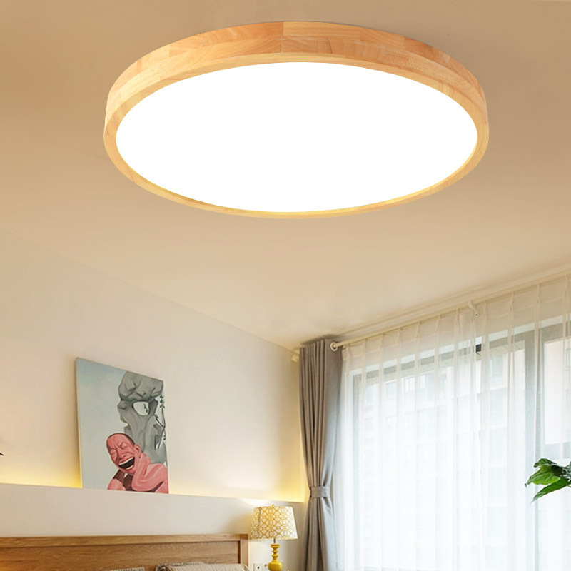 北欧原木圆形LED卧室吸顶灯 现代简约儿童房间个性超薄木艺吸顶灯