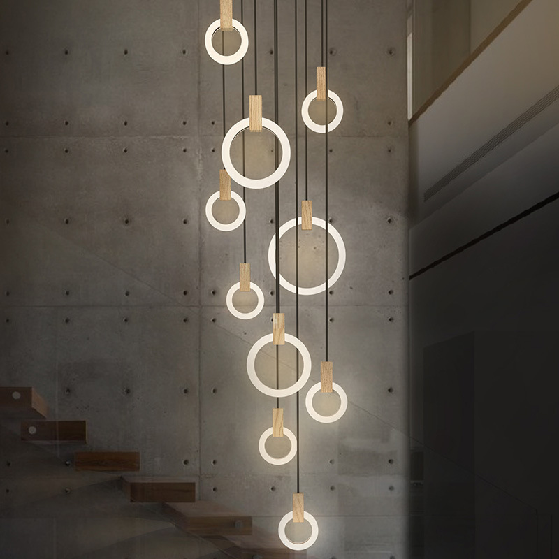 北欧简约创意圆圈餐厅吧台客厅复式楼别墅楼梯实木环大气LED吊灯