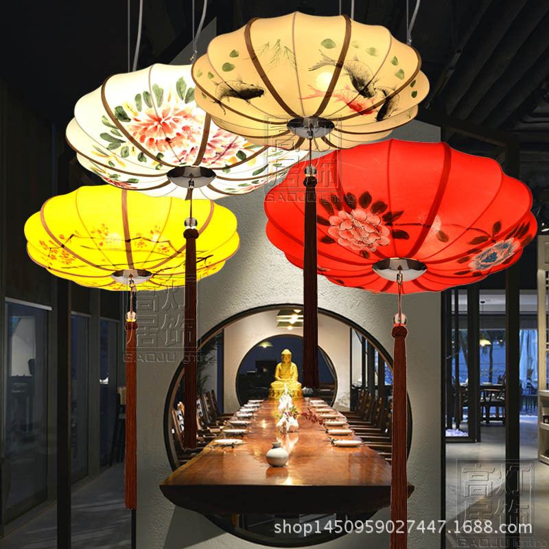 中式仿古吊灯布艺手绘灯笼客厅创意楼梯大堂餐厅茶楼非标工程定制