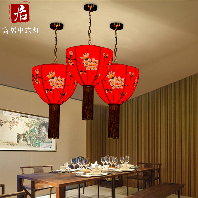 仿古典新中式布艺吊灯茶楼餐厅火锅店酒店创意手绘非标工程定制灯
