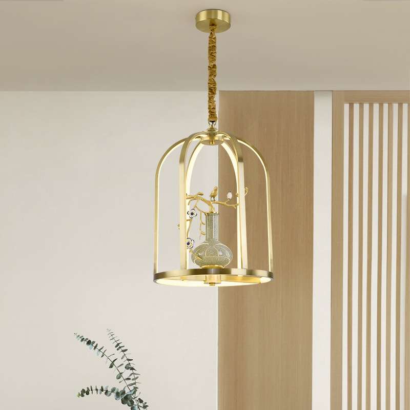 新中式全铜吊灯创意个性吧台禅意中国风书房茶楼餐厅鸟笼装饰灯具