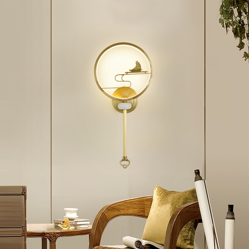 新中式全铜壁灯现代简约卧室床头装饰壁灯酒店客厅背景墙过道灯具