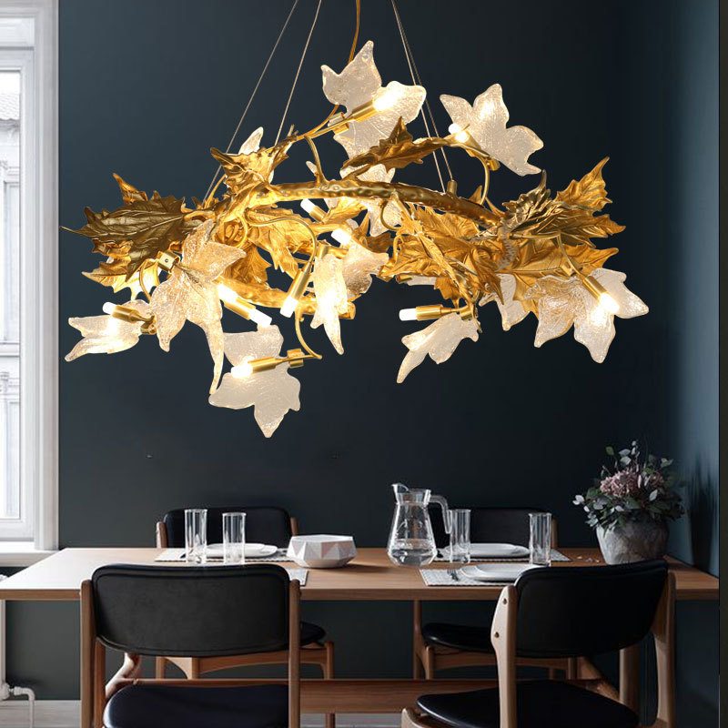后现代轻奢餐厅吊灯欧式创意艺术枫叶水晶灯全铜树枝别墅客厅灯