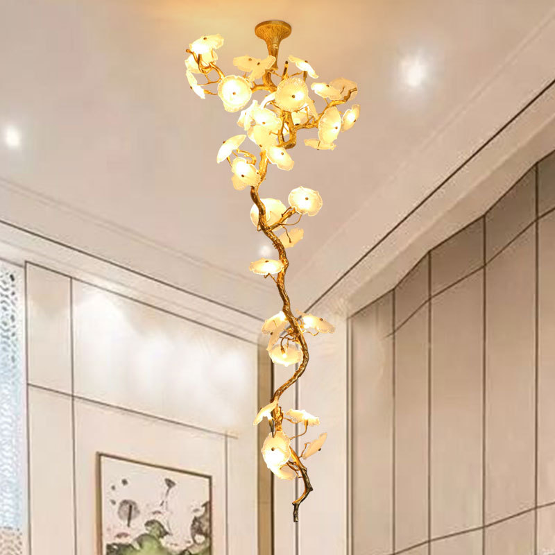 后现代轻奢全铜树枝楼梯吊灯北欧创意复式楼奢华别墅客厅水晶灯