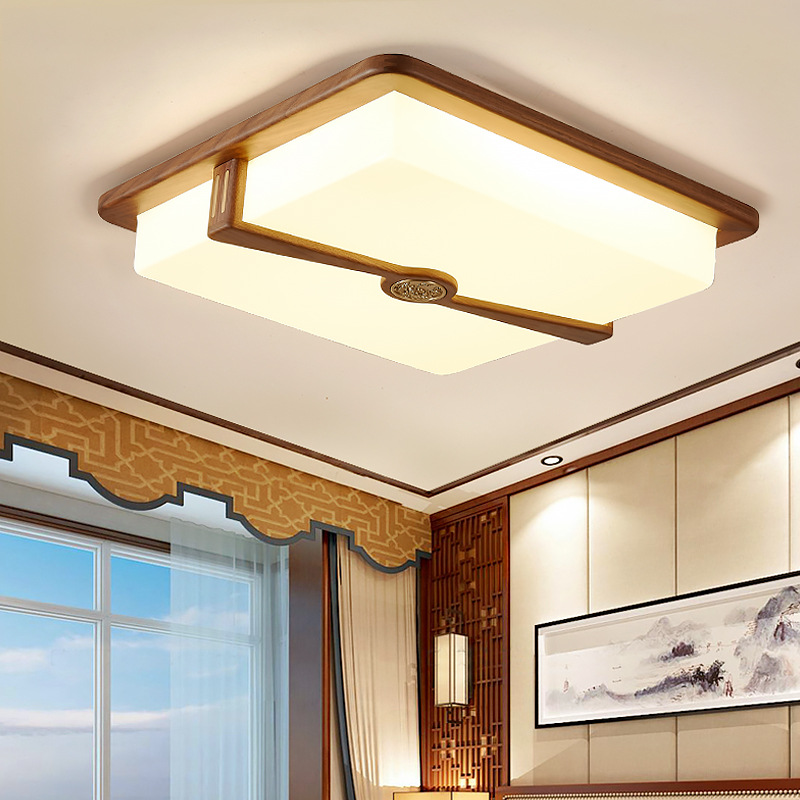 新中式吸顶灯客厅长方形黑胡桃实木简约现代led三色调光卧室灯具