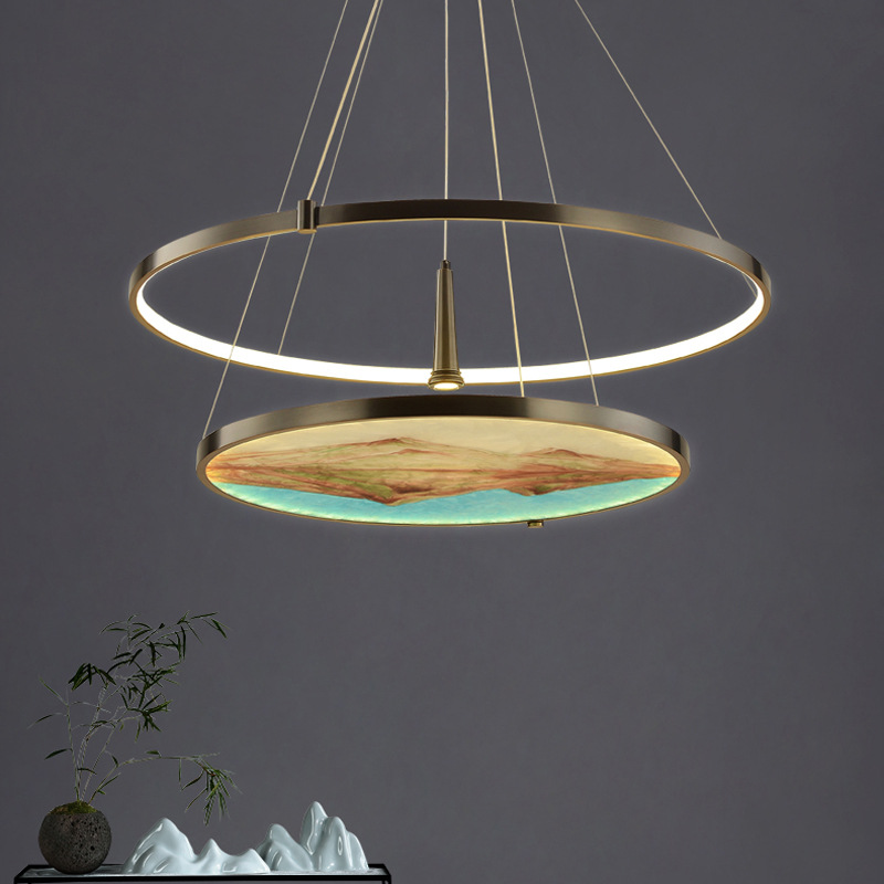 新中式客厅吊灯别墅轻奢酒店灯极简环形艺术创意全铜珐琅彩餐厅灯