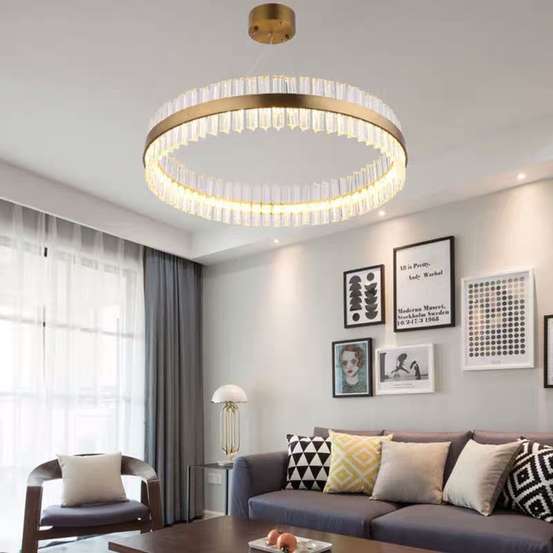 北欧后现代创意钛金拉丝不锈钢水晶圆环设计师样板房LED吊灯灯具