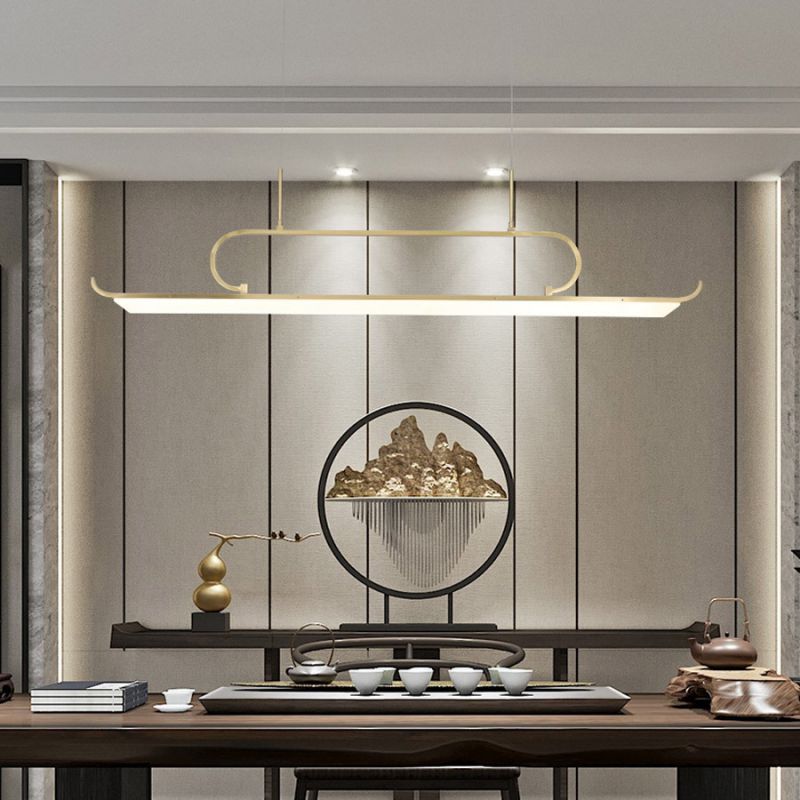 新中式灯禅意长条餐厅轻奢灯具 现代创意茶室led简约全铜客厅吊灯