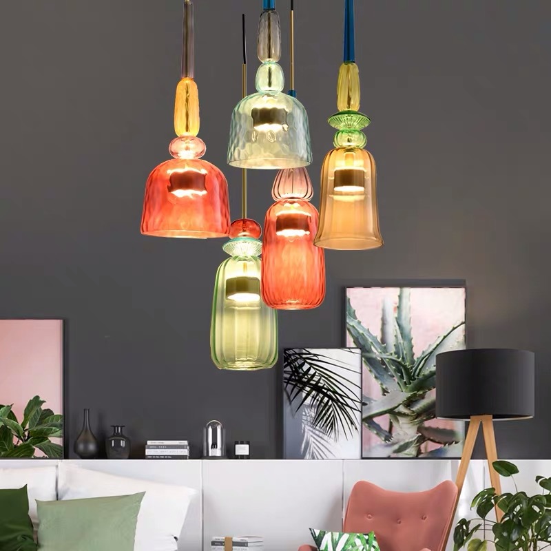 北欧彩色玻璃LED灯 现代设计师创意轻奢餐厅吧台马卡龙艺术小吊灯